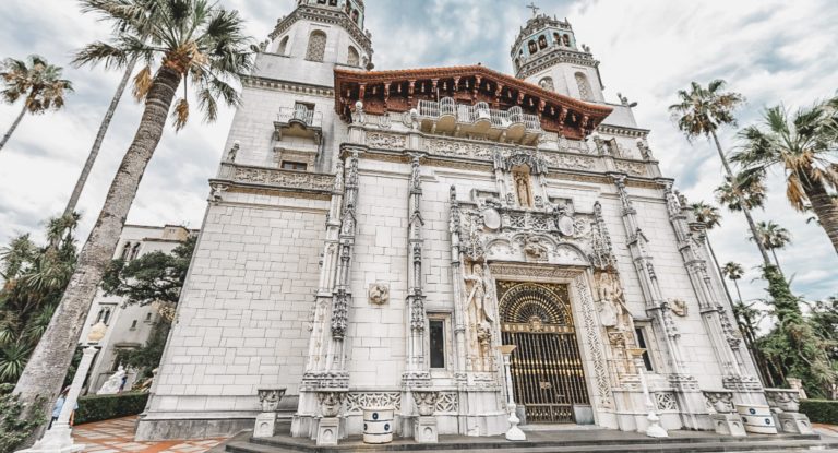 upward angle of the hearst castle front door
