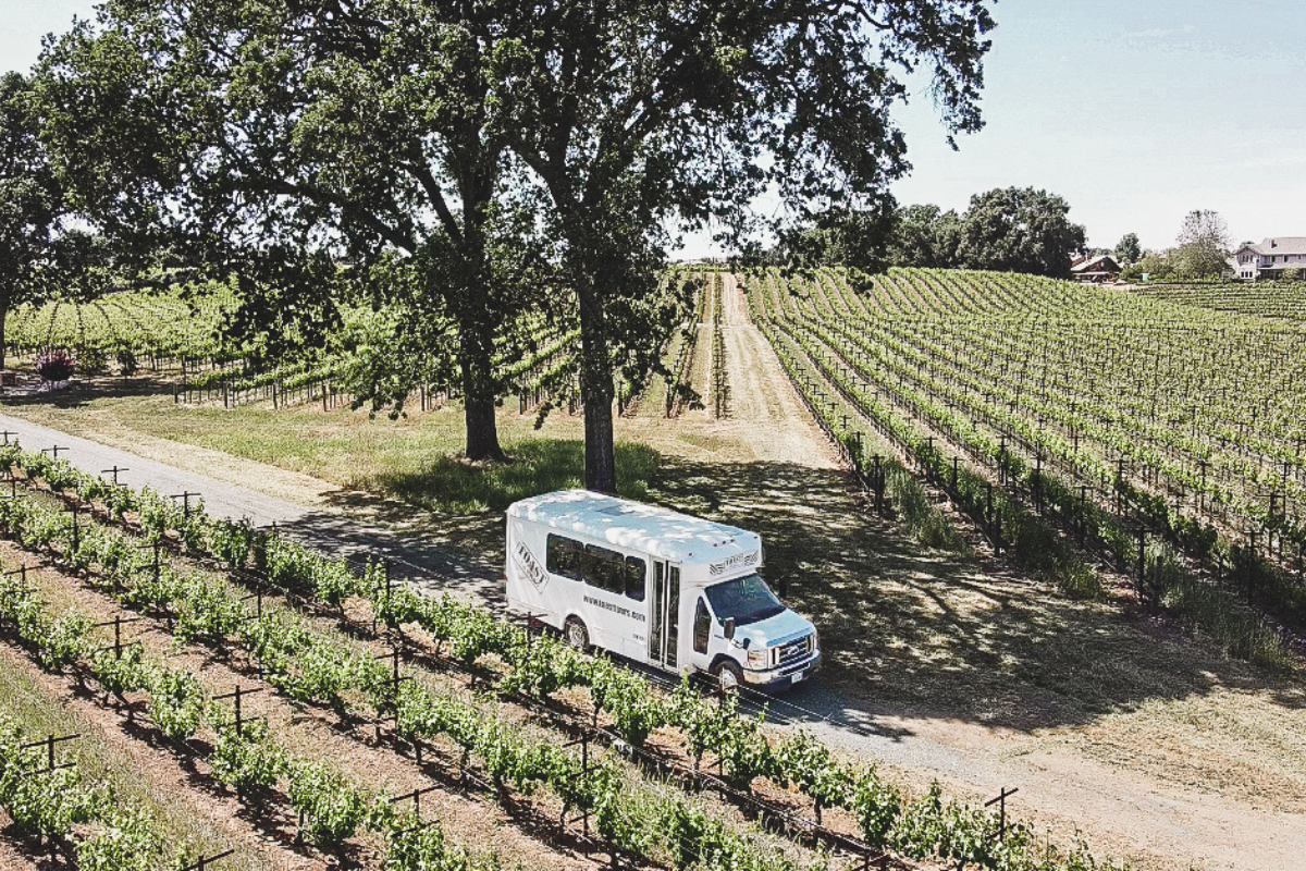 luxury wine tour transportation vehicle driving through paso robles vineyard