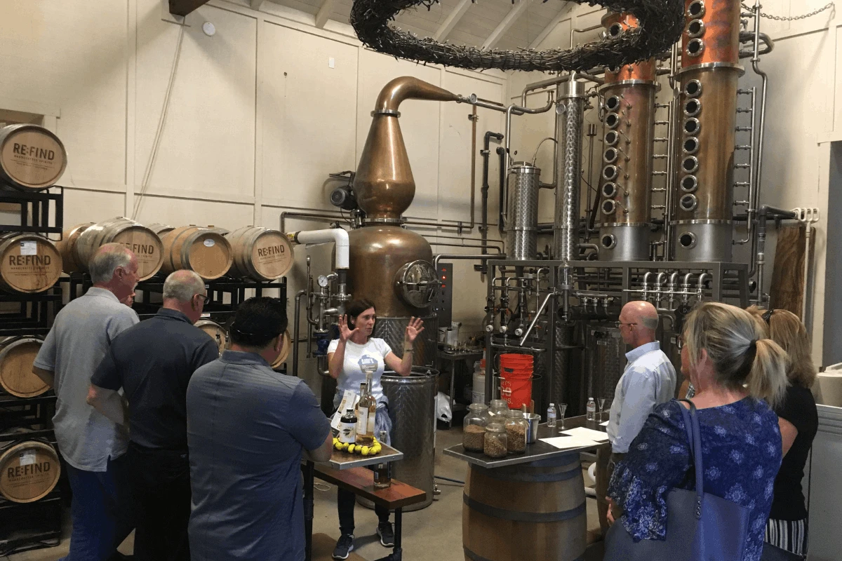 group of people on a paso robles distillery tour at re:find distillery