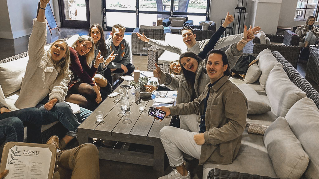 Group wine tasting and having fun